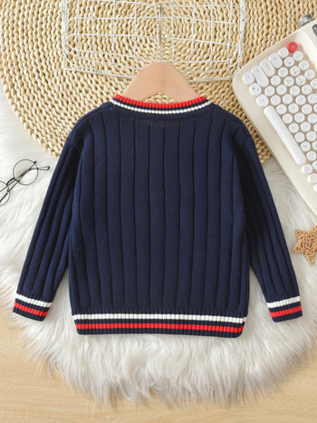 Cardigan tricotat pentru copii, dungat, din bumbac 100%, decolteu în V, mâneci lungi, închidere cu un nasture, stil academic, pentru copii 3–8 ani, toamnă–iarnă