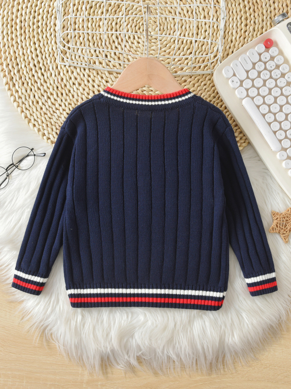 Cardigan tricotat pentru copii, dungat, din bumbac 100%, decolteu în V, mâneci lungi, închidere cu un nasture, stil academic, pentru copii 3–8 ani, toamnă–iarnă