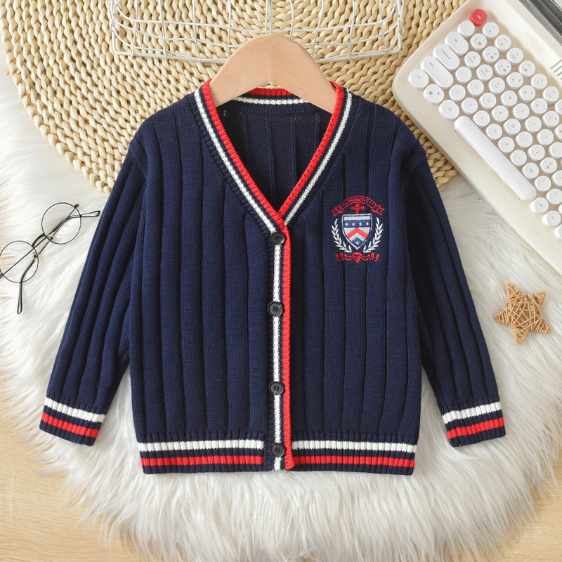 Cardigan tricotat pentru copii, dungat, din bumbac 100%, decolteu în V, mâneci lungi, închidere cu un nasture, stil academic, pentru copii 3–8 ani, toamnă–iarnă
