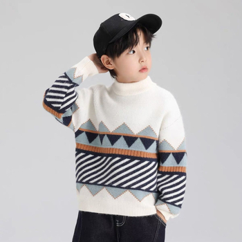 Pulover tricotat pentru copii, cu dungi, acril gros, mâneci lungi, guler rotund, stil coreean, pentru băieți 3–8 ani (iarna)