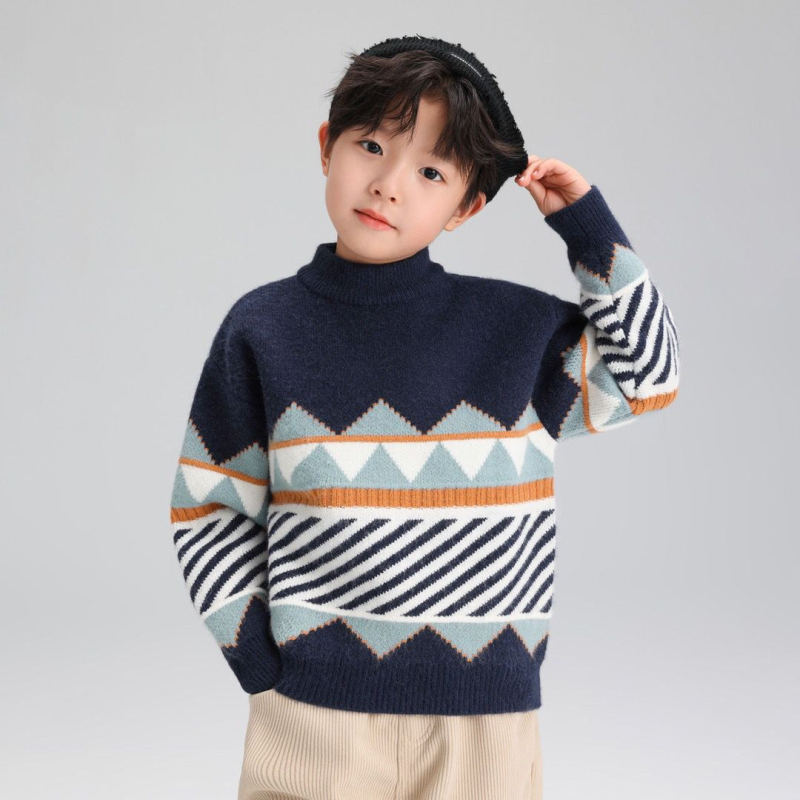 Pulover tricotat pentru copii, cu dungi, acril gros, mâneci lungi, guler rotund, stil coreean, pentru băieți 3–8 ani (iarna)
