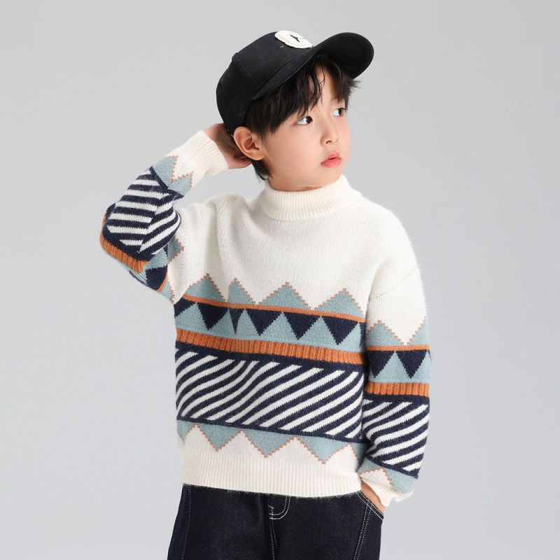 Pulover tricotat pentru copii, cu dungi, acril gros, mâneci lungi, guler rotund, stil coreean, pentru băieți 3–8 ani (iarna)