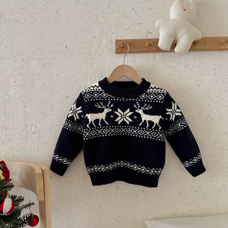 Pulover gros pentru copii, iarnă — guler rotund, mâneci lungi, model desen animat, amestec din fibre acrilice