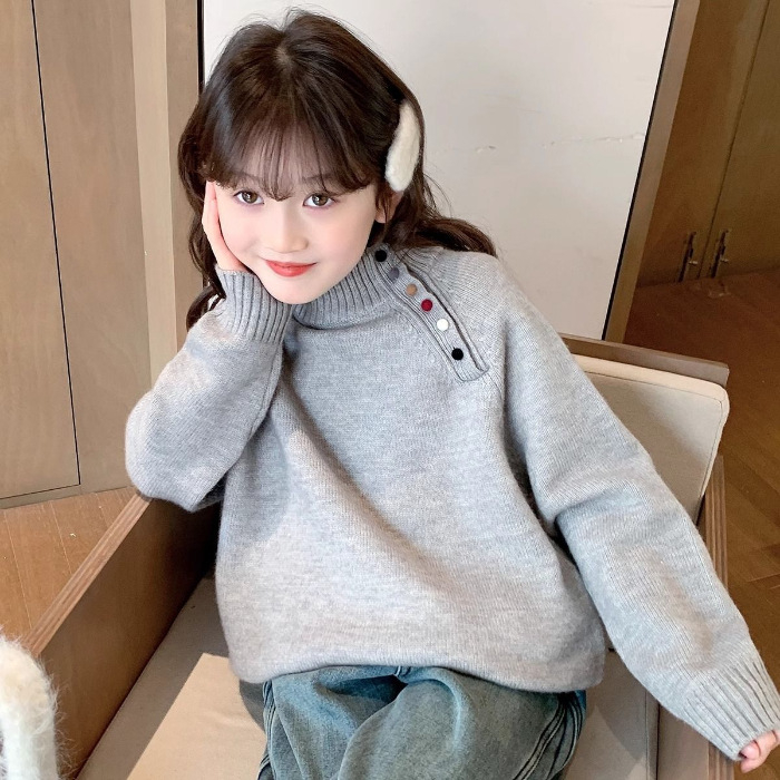 Pulover tricotat pentru fetițe, cu guler semi-înalt din bumbac, mâneci lungi, stil coreean, iarna 2025