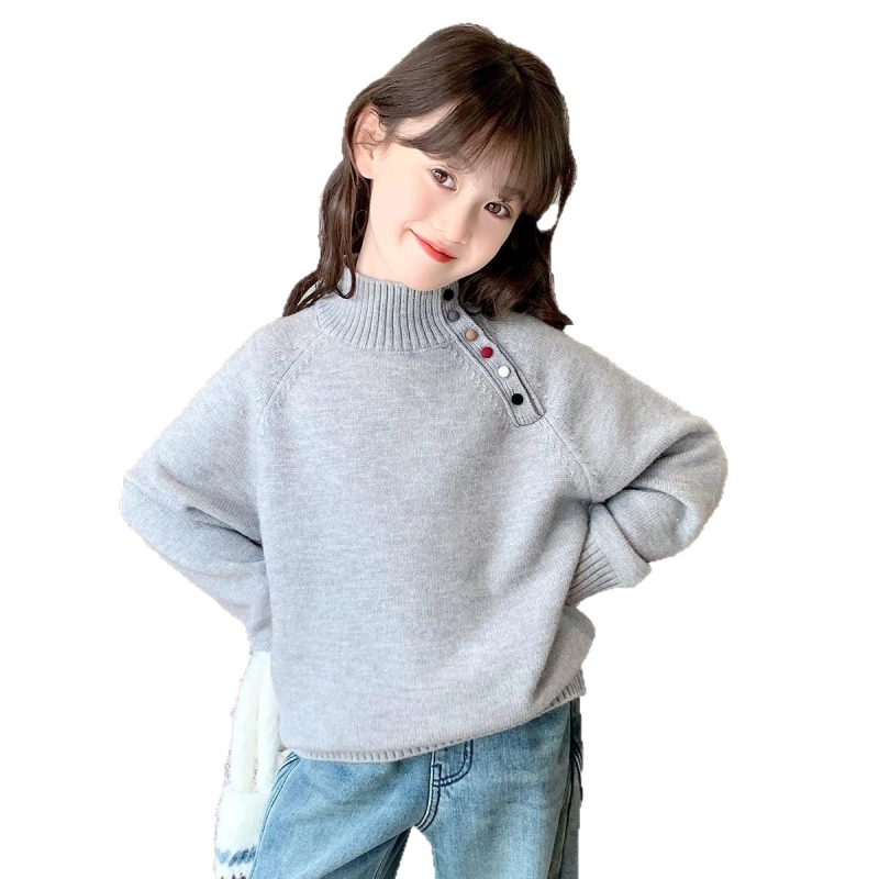 Pulover tricotat pentru fetițe, cu guler semi-înalt din bumbac, mâneci lungi, stil coreean, iarna 2025