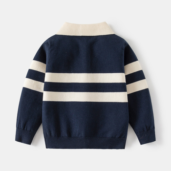 Pulover pentru copii cu guler stil lapel, broderie cu desene animate, țesătură din amestec de bumbac, model în dungi