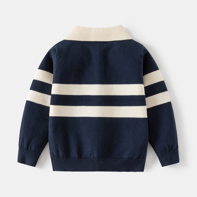 Pulover pentru copii cu guler stil lapel, broderie cu desene animate, țesătură din amestec de bumbac, model în dungi