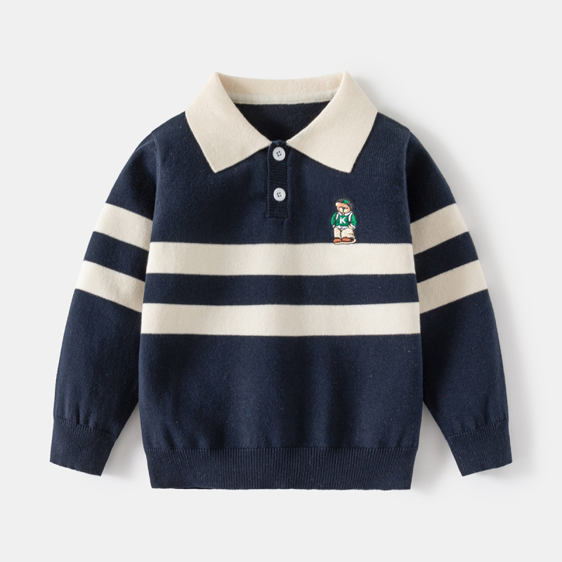 Pulover pentru copii cu guler stil lapel, broderie cu desene animate, țesătură din amestec de bumbac, model în dungi