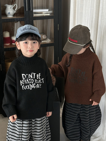 Pulover tricotat pentru copii, cu guler înalt, unisex, 80% acrilic, mâneci lungi, model cu litere, iarnă-toamnă, pentru copii 3–8 ani