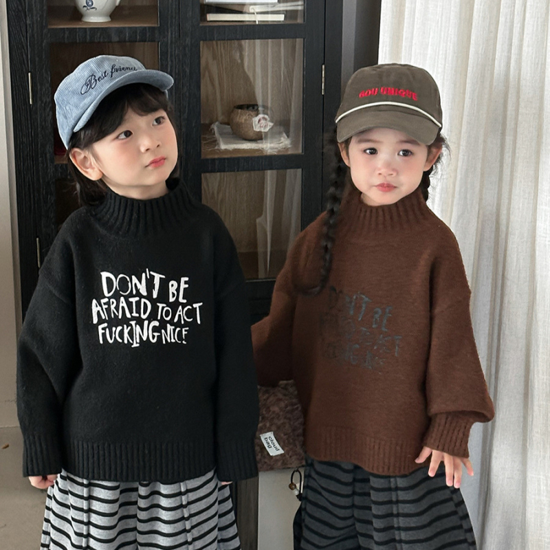 Pulover tricotat pentru copii, cu guler înalt, unisex, 80% acrilic, mâneci lungi, model cu litere, iarnă-toamnă, pentru copii 3–8 ani