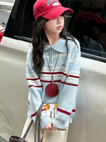 Pulover tricotat pentru fete, în dungi, cu guler lapel, țesătură din bumbac peste 65%, mâneci lungi, lansare toamnă 2025