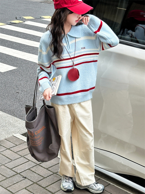 Pulover tricotat pentru fete, în dungi, cu guler lapel, țesătură din bumbac peste 65%, mâneci lungi, lansare toamnă 2025