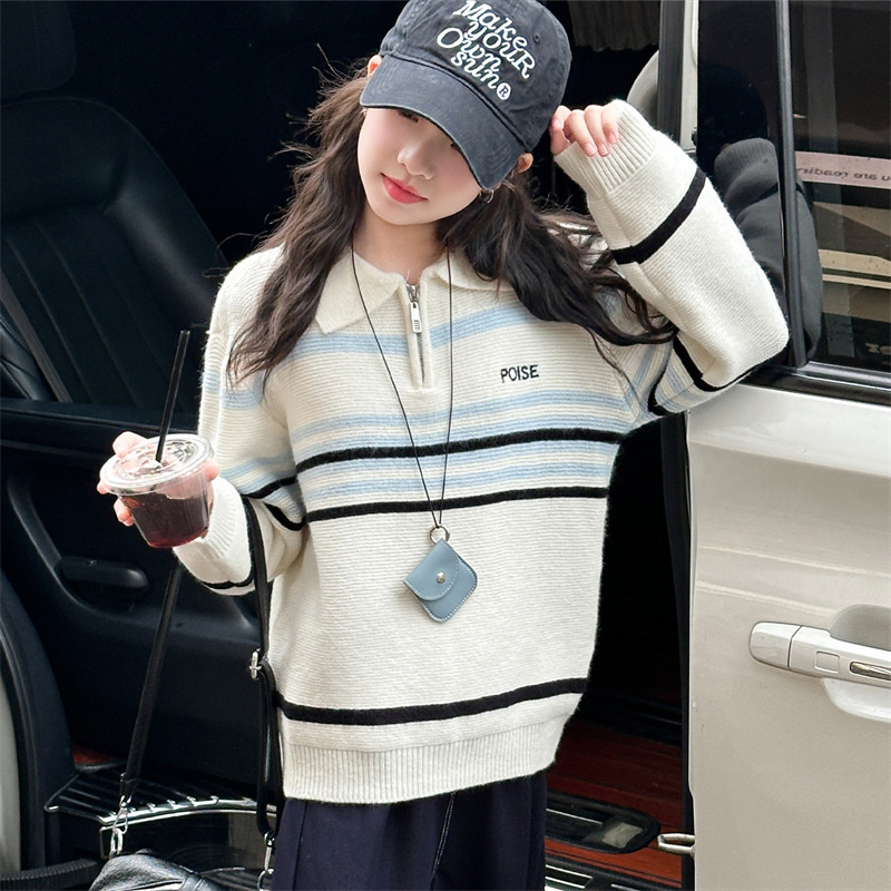 Pulover tricotat pentru fete, în dungi, cu guler lapel, țesătură din bumbac peste 65%, mâneci lungi, lansare toamnă 2025