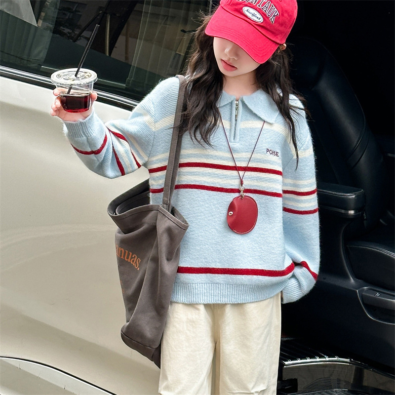 Pulover tricotat pentru fete, în dungi, cu guler lapel, țesătură din bumbac peste 65%, mâneci lungi, lansare toamnă 2025
