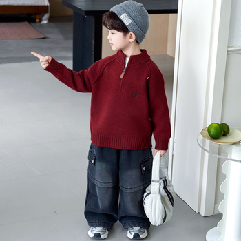 Pulover tricotat pentru copii din bumbac, gros, mâneci lungi, guler rotund, pentru copii 3–8 ani.