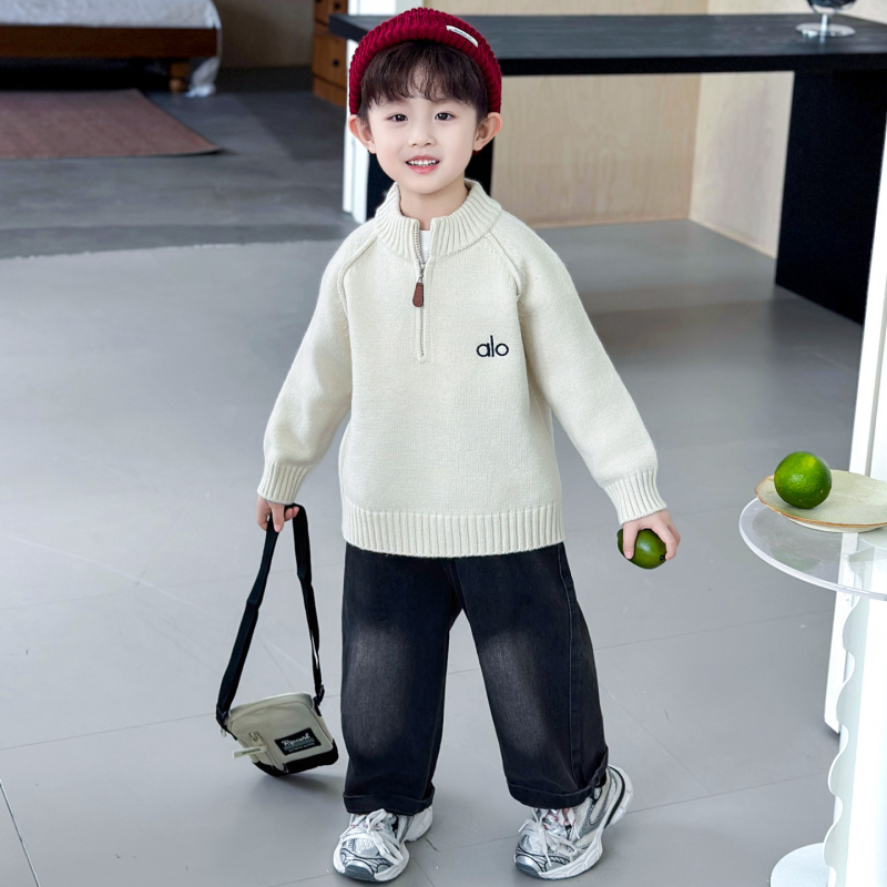 Pulover tricotat pentru copii din bumbac, gros, mâneci lungi, guler rotund, pentru copii 3–8 ani.