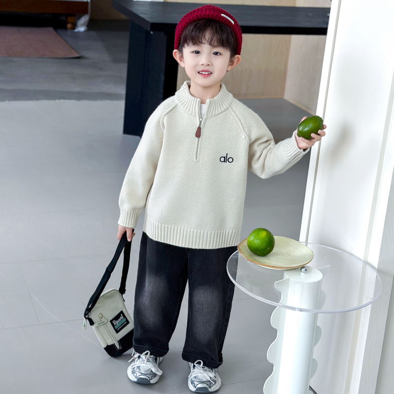 Pulover tricotat pentru copii din bumbac, gros, mâneci lungi, guler rotund, pentru copii 3–8 ani.