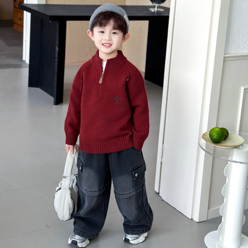 Pulover tricotat pentru copii din bumbac, gros, mâneci lungi, guler rotund, pentru copii 3–8 ani.