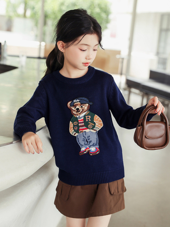 Pulover pentru copii din bumbac cu broderie ursuleț, toamnă-iarnă, mânecă lungă, guler rotund, 80-90% bumbac, pentru copii mai mari de 8 ani