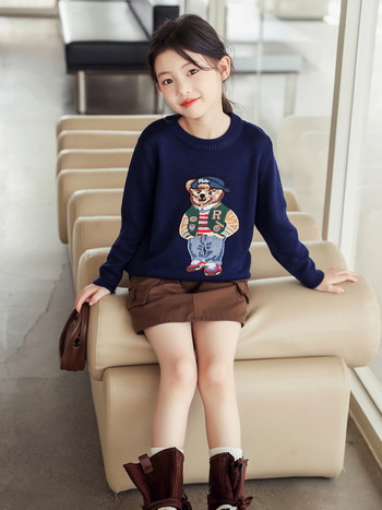 Pulover pentru copii din bumbac cu broderie ursuleț, toamnă-iarnă, mânecă lungă, guler rotund, 80-90% bumbac, pentru copii mai mari de 8 ani