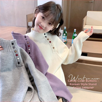 Pulover tricotat pentru fete, stil coreean, guler semiînalt, mâneci lungi, tricot gros din bumbac
