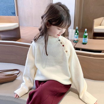 Pulover tricotat pentru fete, stil coreean, guler semiînalt, mâneci lungi, tricot gros din bumbac
