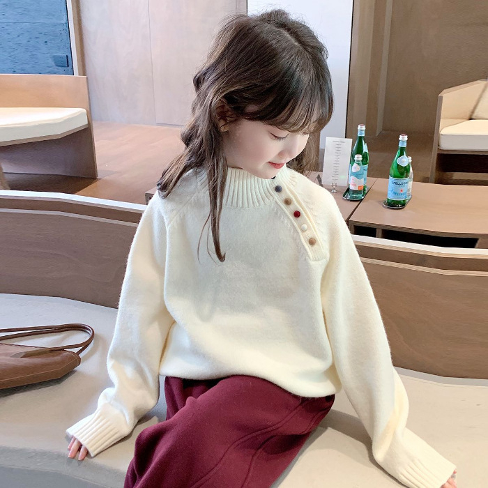 Pulover tricotat pentru fete, stil coreean, guler semiînalt, mâneci lungi, tricot gros din bumbac