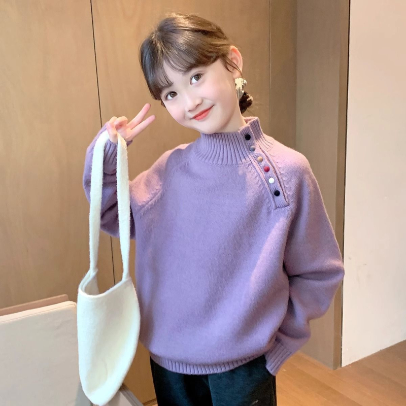 Pulover tricotat pentru fete, stil coreean, guler semiînalt, mâneci lungi, tricot gros din bumbac