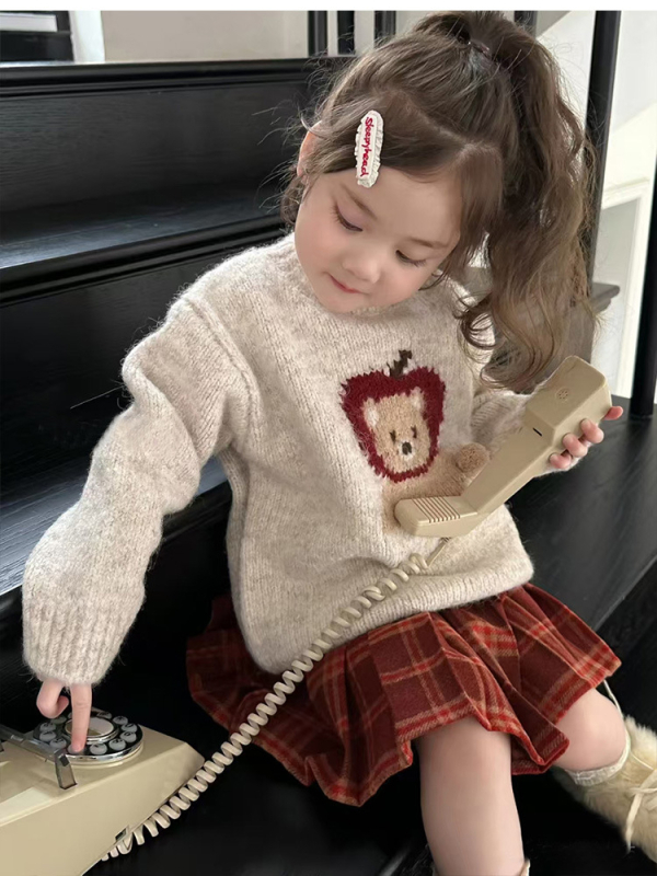 Pulover pentru copii (Iarnă Toamnă 2024) - stil coreean, broderie cu desene animate, guler rotund, mâneci lungi