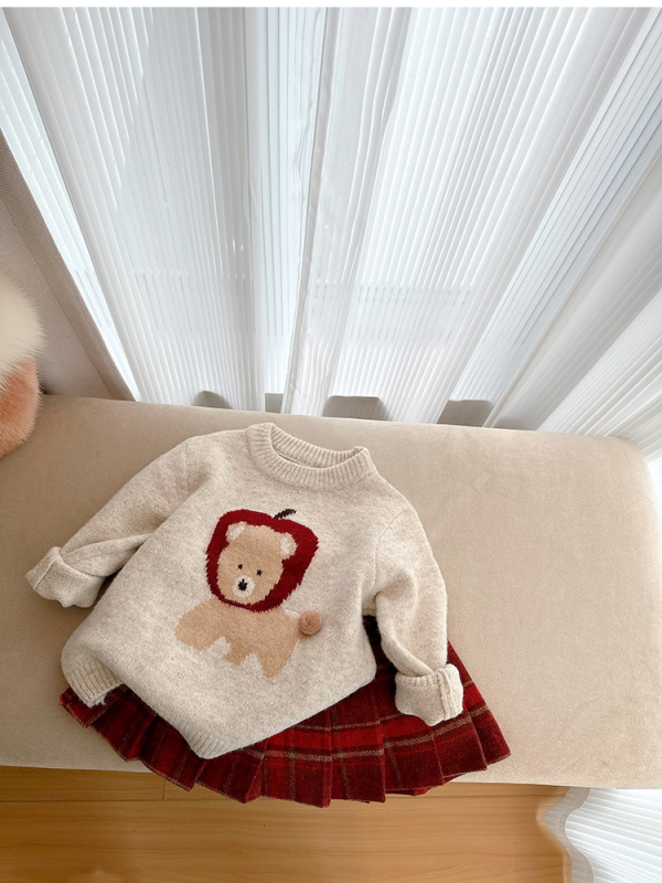 Pulover pentru copii (Iarnă Toamnă 2024) - stil coreean, broderie cu desene animate, guler rotund, mâneci lungi