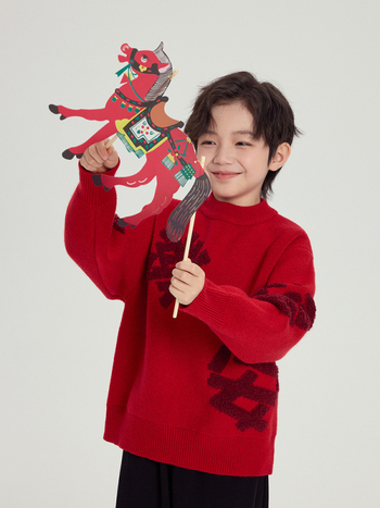 Pulover pentru copii cu design festiv jacquard text plușat, material acrilic, guler rotund, potrivit pentru copii 3–8 ani