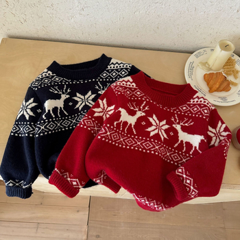 Pulover pentru copii de Crăciun, gros cu model Fair Isle, pentru 3–8 ani, mâneci lungi, guler rotund, peste cap, amestec acrilic/PBT/nylon