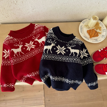 Pulover pentru copii de Crăciun, gros cu model Fair Isle, pentru 3–8 ani, mâneci lungi, guler rotund, peste cap, amestec acrilic/PBT/nylon