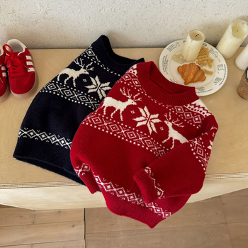 Pulover pentru copii de Crăciun, gros cu model Fair Isle, pentru 3–8 ani, mâneci lungi, guler rotund, peste cap, amestec acrilic/PBT/nylon