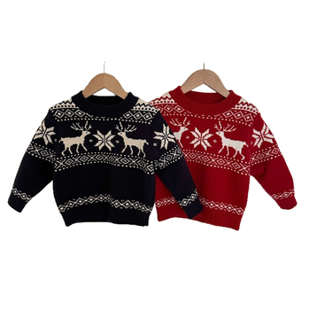 Pulover pentru copii de Crăciun, gros cu model Fair Isle, pentru 3–8 ani, mâneci lungi, guler rotund, peste cap, amestec acrilic/PBT/nylon