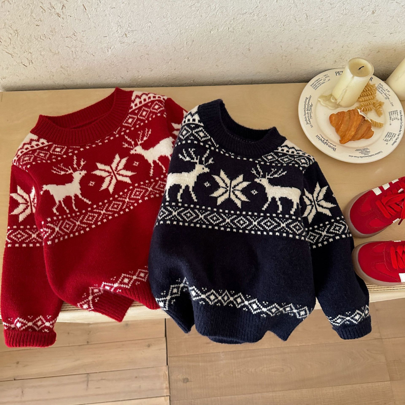 Pulover pentru copii de Crăciun, gros cu model Fair Isle, pentru 3–8 ani, mâneci lungi, guler rotund, peste cap, amestec acrilic/PBT/nylon