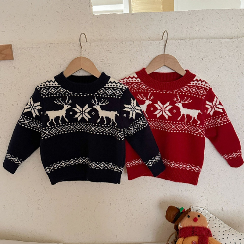 Pulover pentru copii de Crăciun, gros cu model Fair Isle, pentru 3–8 ani, mâneci lungi, guler rotund, peste cap, amestec acrilic/PBT/nylon