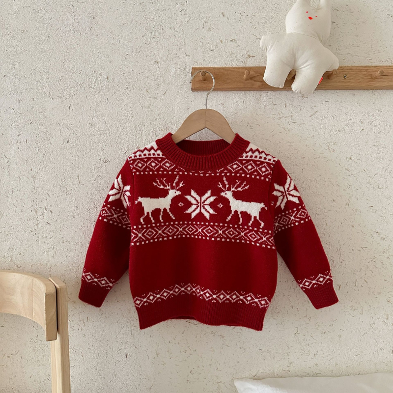 Pulover pentru copii de Crăciun, gros cu model Fair Isle, pentru 3–8 ani, mâneci lungi, guler rotund, peste cap, amestec acrilic/PBT/nylon