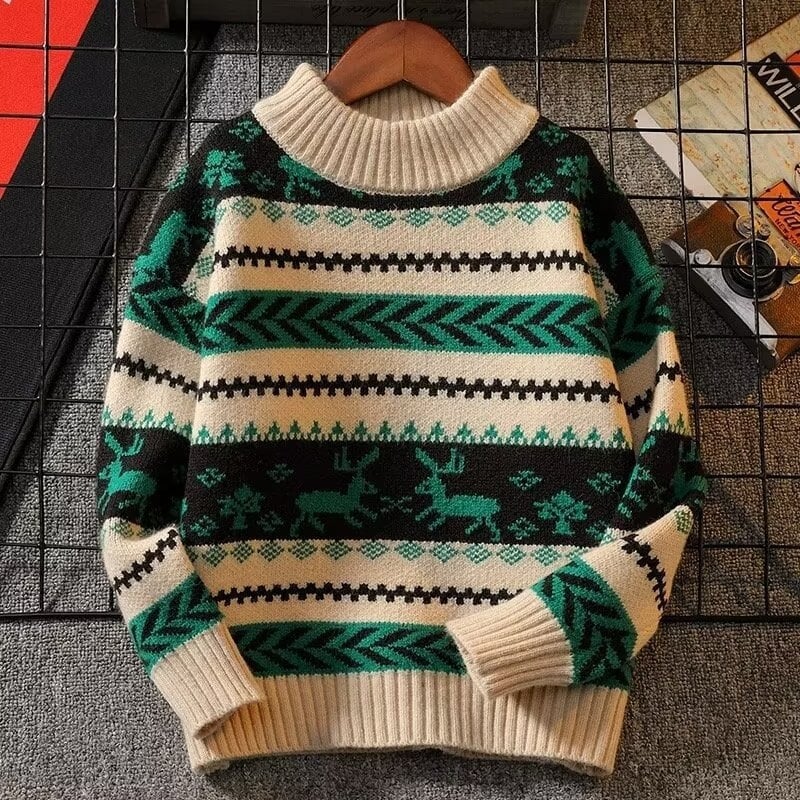 Pulover pentru copii, în dungi, guler rotund, Arctic velvet gros, poliester, mâneci lungi.