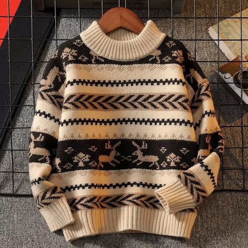 Pulover pentru copii, în dungi, guler rotund, Arctic velvet gros, poliester, mâneci lungi.