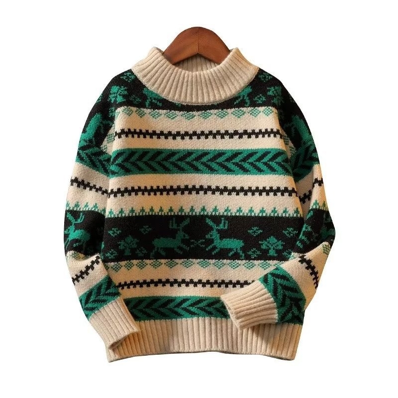 Pulover pentru copii, în dungi, guler rotund, Arctic velvet gros, poliester, mâneci lungi.