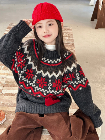 Pulover pentru copii cu tricot Fair Isle retro jacquard, stil coreean, din amestec bumbac-elastan, gros de iarnă, guler rotund