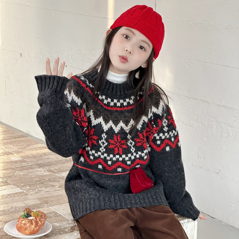 Pulover pentru copii cu tricot Fair Isle retro jacquard, stil coreean, din amestec bumbac-elastan, gros de iarnă, guler rotund