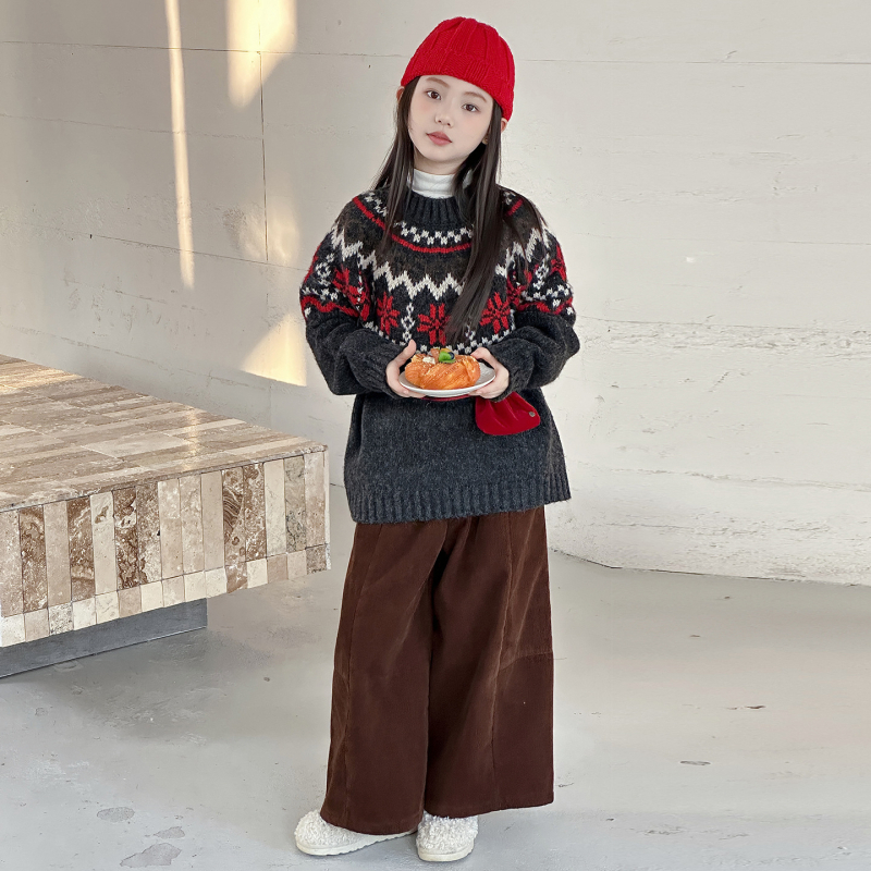 Pulover pentru copii cu tricot Fair Isle retro jacquard, stil coreean, din amestec bumbac-elastan, gros de iarnă, guler rotund