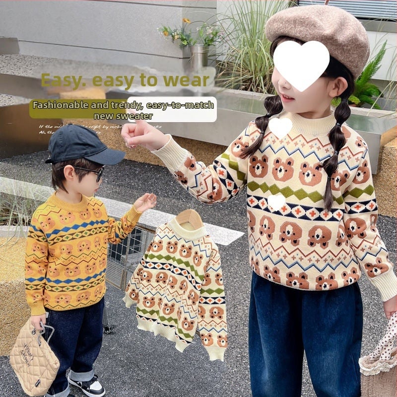 Pulover tricotat pentru copii – grosime iarnă, model jacquard, țesătură din păr de iepure, guler rotund, mâneci lungi