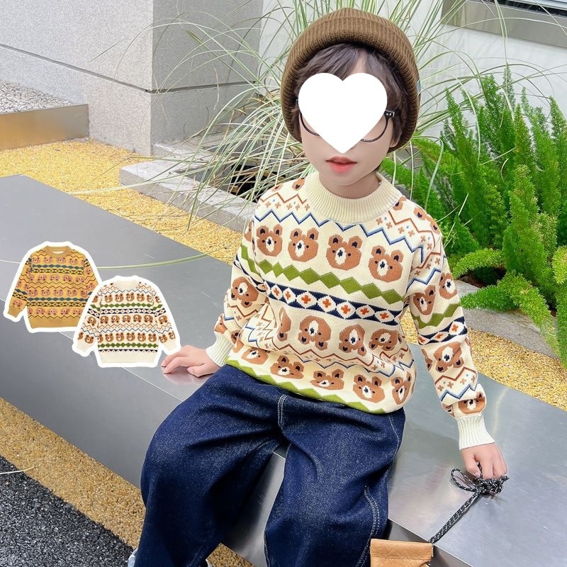 Pulover tricotat pentru copii – grosime iarnă, model jacquard, țesătură din păr de iepure, guler rotund, mâneci lungi