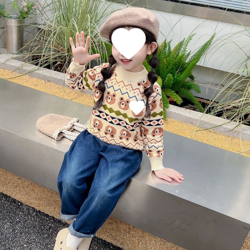 Pulover tricotat pentru copii – grosime iarnă, model jacquard, țesătură din păr de iepure, guler rotund, mâneci lungi