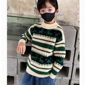 Pulover pentru copii, stil coreean, model cu dungi, guler rotund, mâneci lungi, material din bumbac amestec