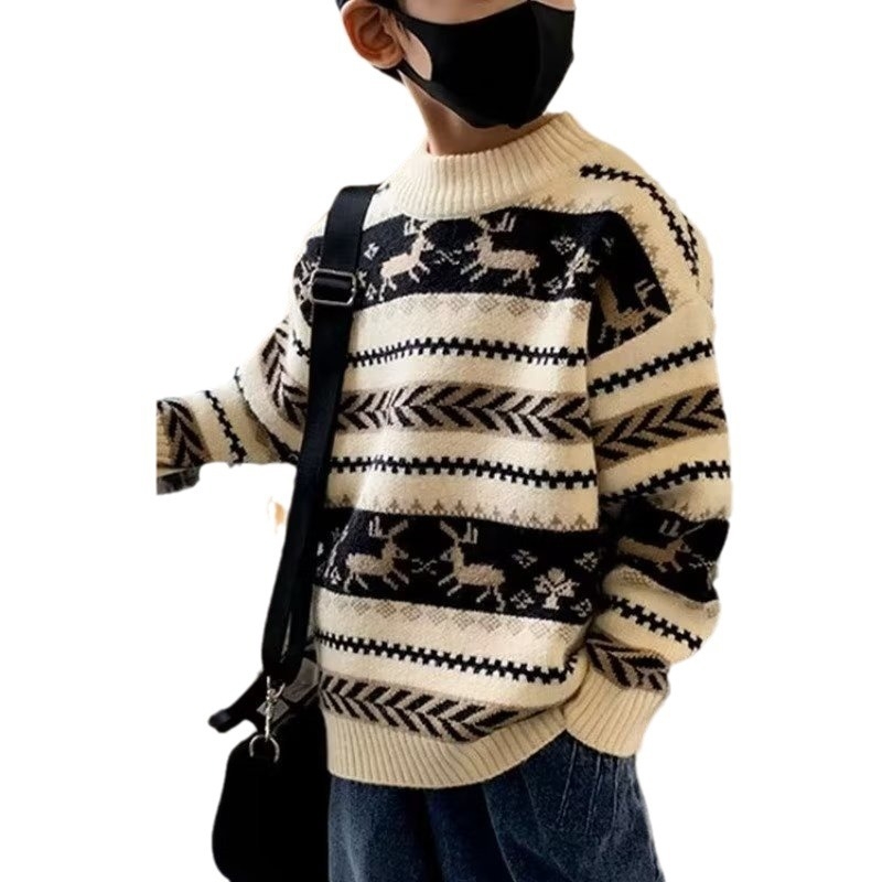 Pulover pentru copii, stil coreean, model cu dungi, guler rotund, mâneci lungi, material din bumbac amestec