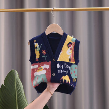 Vesta tricotată pentru copii cu imprimeu desen animat, fără mâneci, decolteu în V, închidere cu nasturi